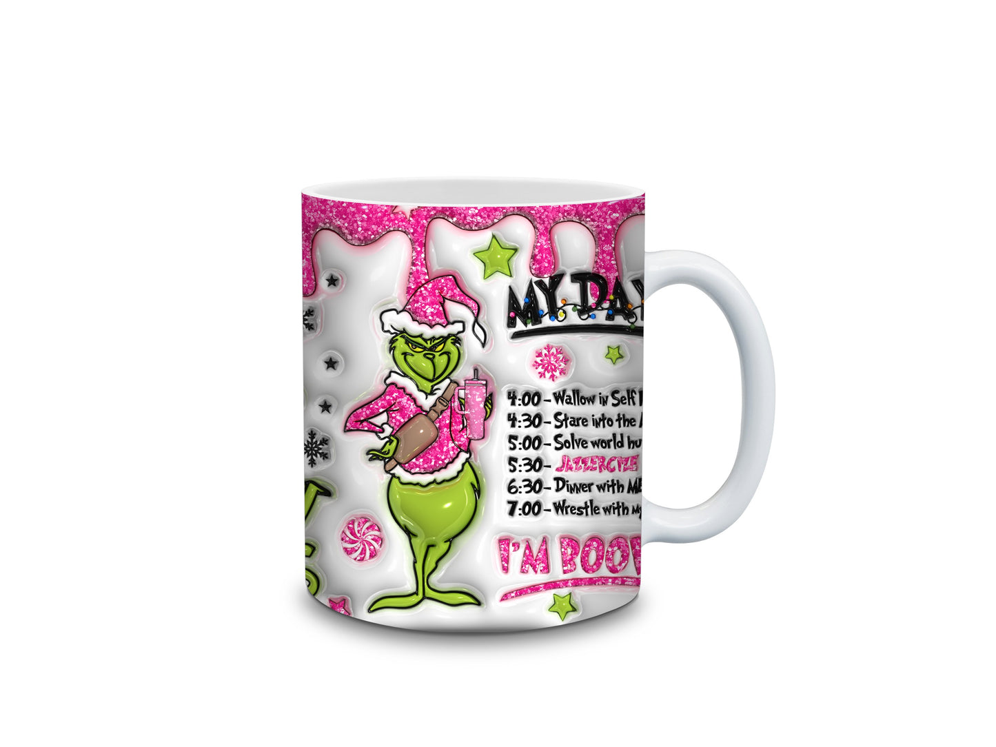 3D Sparkly Pink My Day Grinch Mug