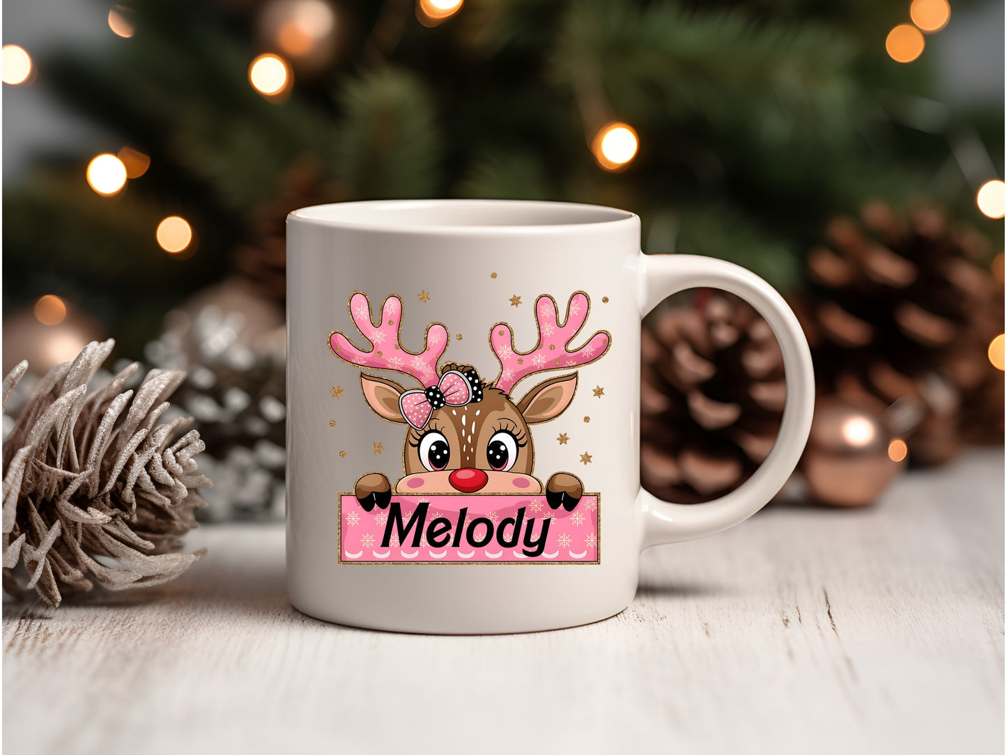 Pink Personalized Reindeer Coquette Mug