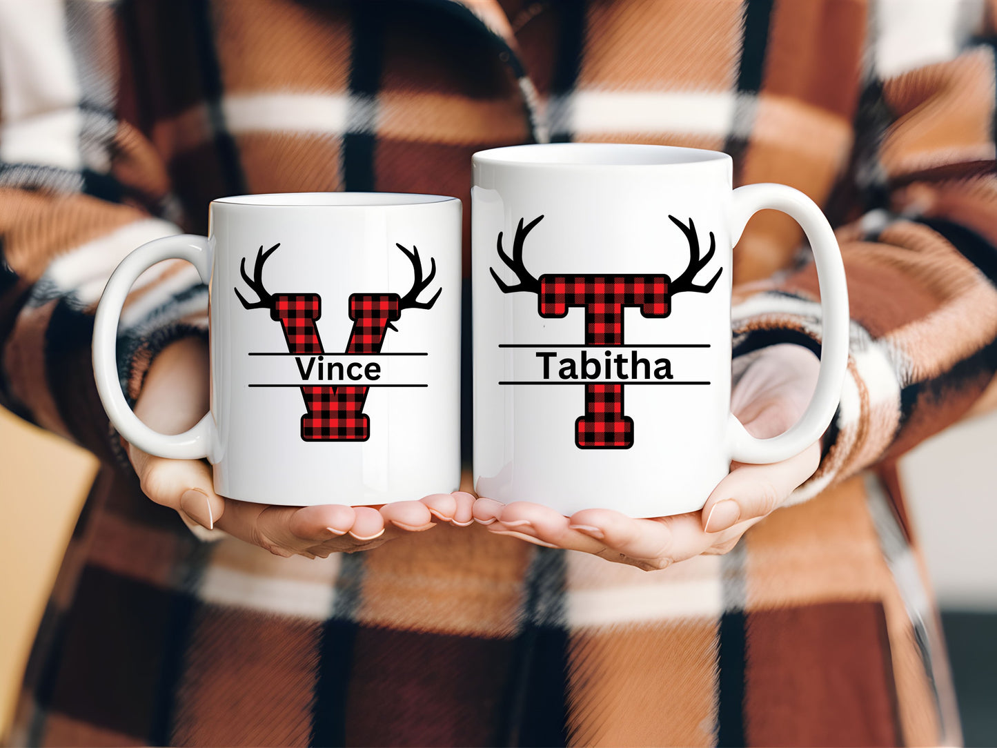 Reindeer Monogram Plaid Mug